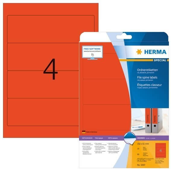 HERMA 5097 Ordneretiketten A4 192x61 mm rot Papier matt blickdicht 80 Stück