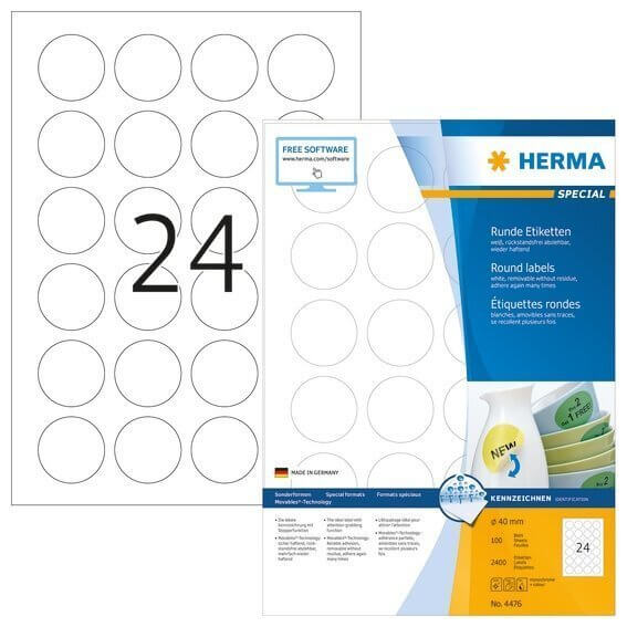 HERMA 4476 Ablösbare Etiketten A4 Ø 40 mm rund weiß Movables/ablösbar Papier matt 2400 Stück