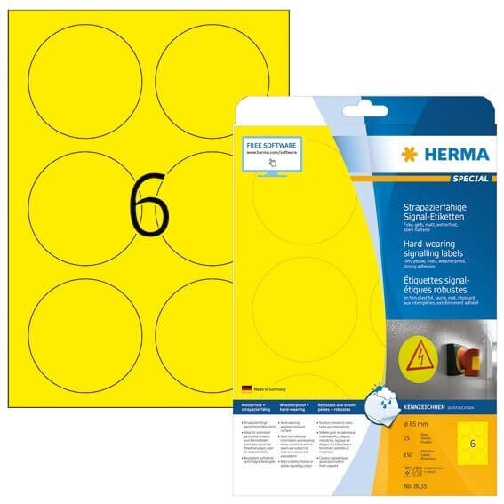 HERMA 8035 Signal-Schilder strapazierfähig A4 Ø 85 mm rund gelb stark haftend Folie matt wetterfest 