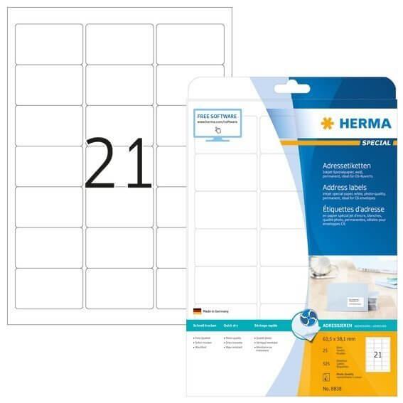 HERMA 8838 Inkjet Adressetiketten A4 635x381 mm weiß Papier matt 525 Stück