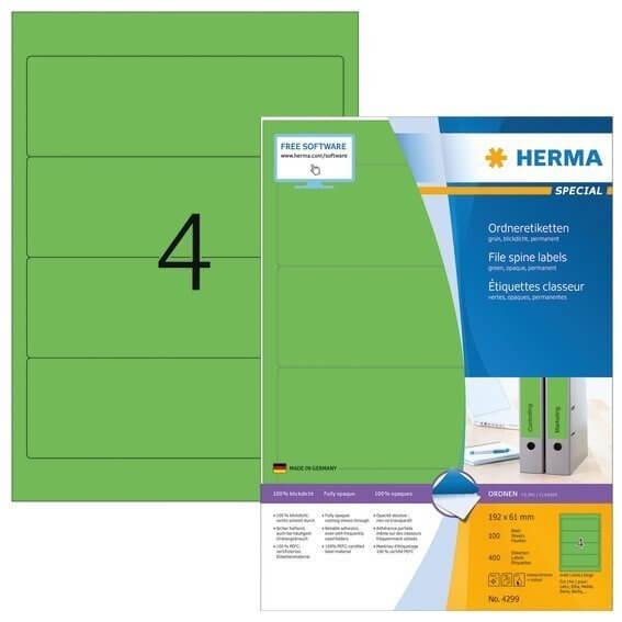 HERMA 4299 Ordneretiketten A4 192x61 mm grün Papier matt blickdicht 400 Stück