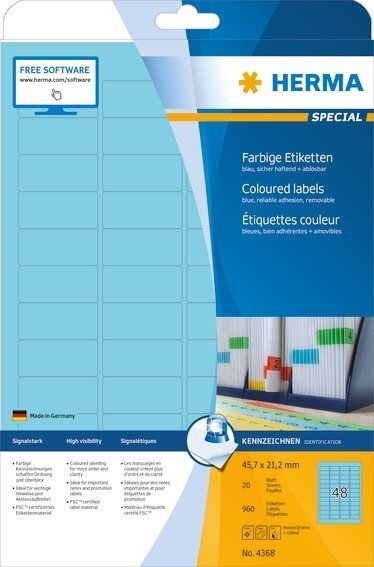 HERMA 4368 Farbige Etiketten A4 457x212 mm blau ablösbar Papier matt 960 Stück