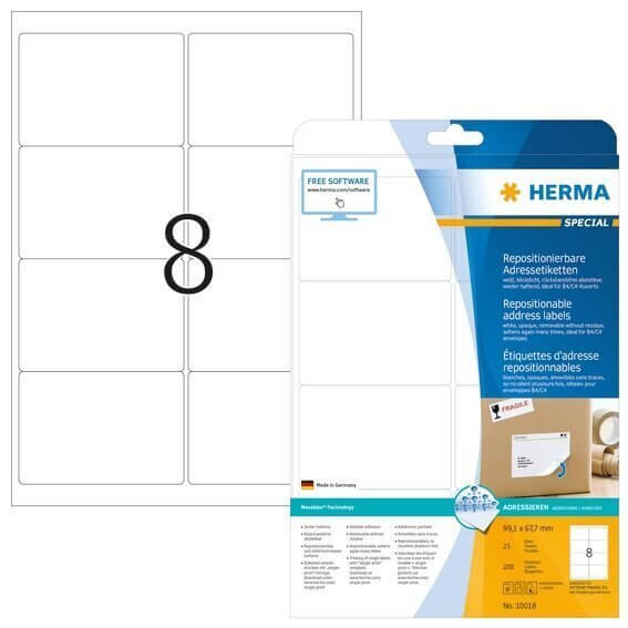 HERMA 10018 Repositionierbare Adressetiketten A4 991x677 mm weiß Movables Papier matt blickdicht 200
