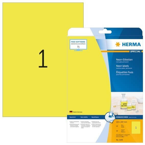 HERMA 5148 Neonetiketten A4 210x297 mm neon-gelb Papier matt 20 Stück