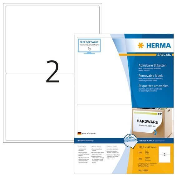 HERMA 10314 Ablösbare Etiketten A4 1996x1435 mm weiß Movables/ablösbar Papier matt 200 Stück