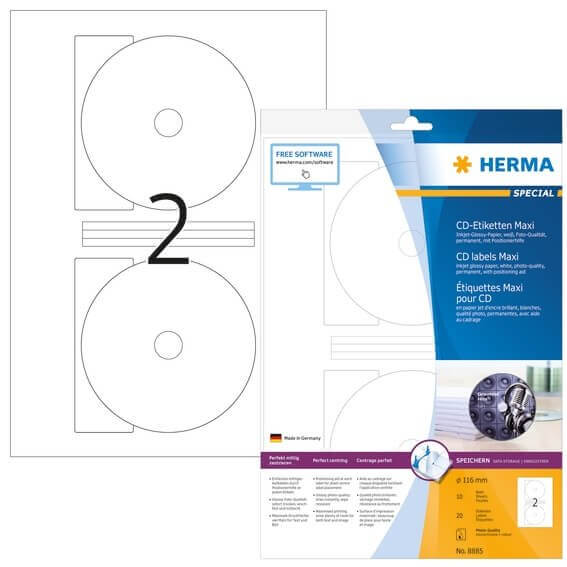 HERMA 8885 Inkjet CD-Etiketten Maxi A4 Ø 116 mm weiß Papier glänzend 20 Stück