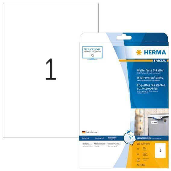 HERMA 4866 Inkjet-Etiketten A4 210x297 mm weiß Folie matt wetterfest 10 Stück