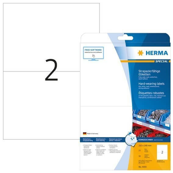 HERMA 4693 Etiketten strapazierfähig A4 210x148 mm weiß stark haftend Folie matt wetterfest 50 Stück