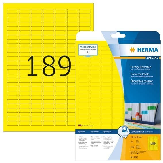 HERMA 4243 Farbige Etiketten A4 254x10 mm gelb ablösbar Papier matt 3780 Stück