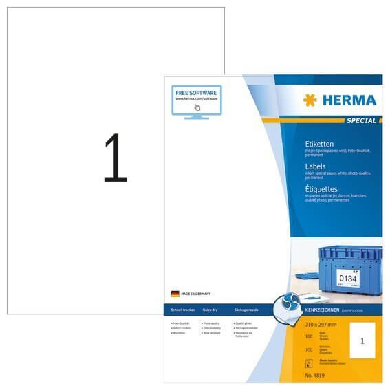 HERMA 4819 Inkjet-Etiketten A4 210x297 mm weiß Papier matt 100 Stück