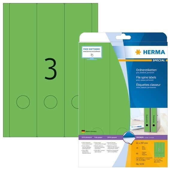 HERMA 5139 Ordneretiketten A4 61x297 mm grün Papier matt blickdicht 60 Stück