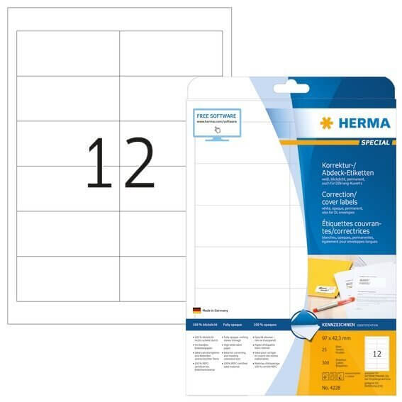 HERMA 4228 Korrektur-/Abdecketiketten A4 97x42,3 mm weiß Papier matt blickdicht 300 Stück