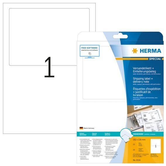 HERMA 8316 Versandetikett + Einlieferungsbeleg A4 182x130 mm weiß Papier matt blickdicht 25 Stück