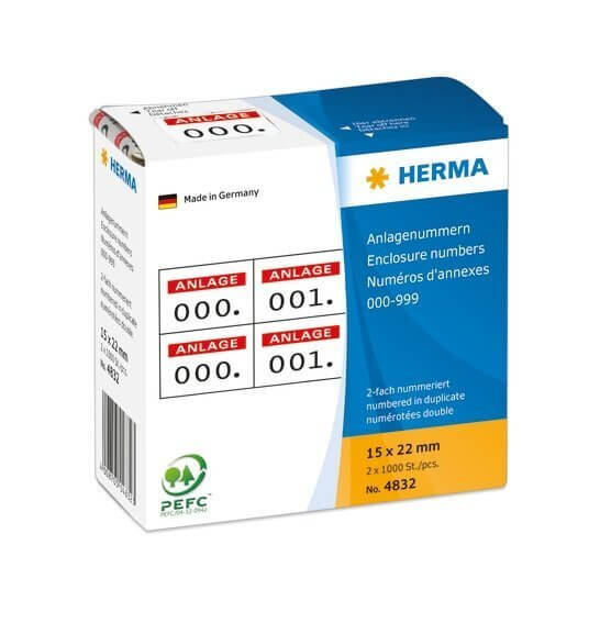 HERMA 4832 Anlagenummern selbstklebend 2-fach 15x22 mm Aufdruck rot 0-999