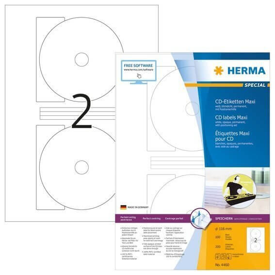 HERMA 4460 CD-Etiketten Maxi A4 Ø 116 mm weiß Papier matt blickdicht 200 Stück