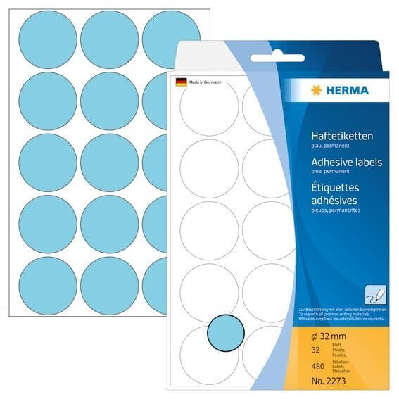 HERMA 2273 Vielzwecketiketten/Farbpunkte Ø 32 mm rund Papier matt Handbeschriftung 480 Stück Blau