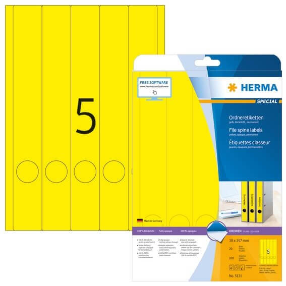 HERMA 5131 Ordneretiketten A4 38x297 mm gelb Papier matt blickdicht 100 Stück
