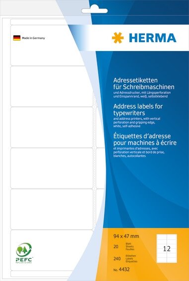 HERMA 4432 Adressetiketten für Schreibmaschinen A4 94x47 mm Papier matt Ecken rund 240 Stück