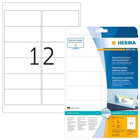 HERMA 10017 Repositionierbare Adressetiketten A4 991x423 mm weiß Movables Papier matt 300 Stück