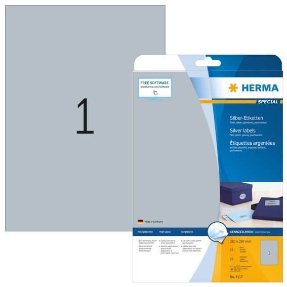 HERMA 4117 Etiketten A4 210x297 mm silber Folie glänzend 25 Stück