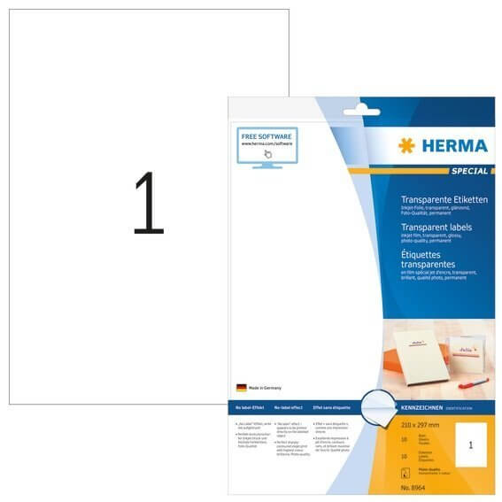 HERMA 8964 Inkjet Folien-Etiketten transparent A4 210x297 mm Folie glänzend 10 Stück