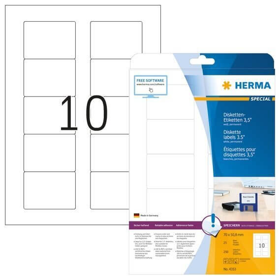 HERMA 4353 Disketten-Etiketten A4 70x508 mm weiß Papier matt 250 Stück