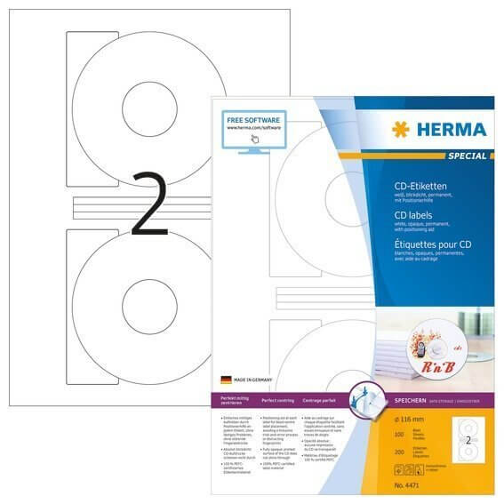 HERMA 4471 CD-Etiketten A4 Ø 116 mm weiß Papier matt blickdicht 200 Stück