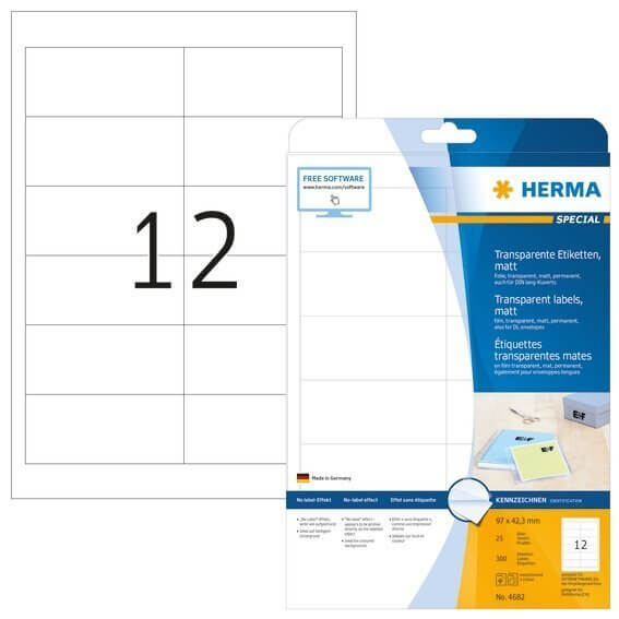 HERMA 4682 Etiketten transparent matt A4 97x423 mm Folie 300 Stück