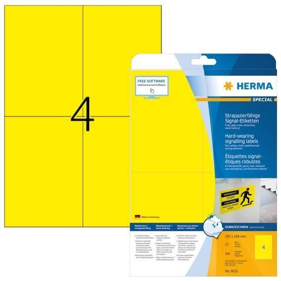 HERMA 8032 Signal-Schilder strapazierfähig A4 105x148 mm gelb stark haftend Folie matt wetterfest 10