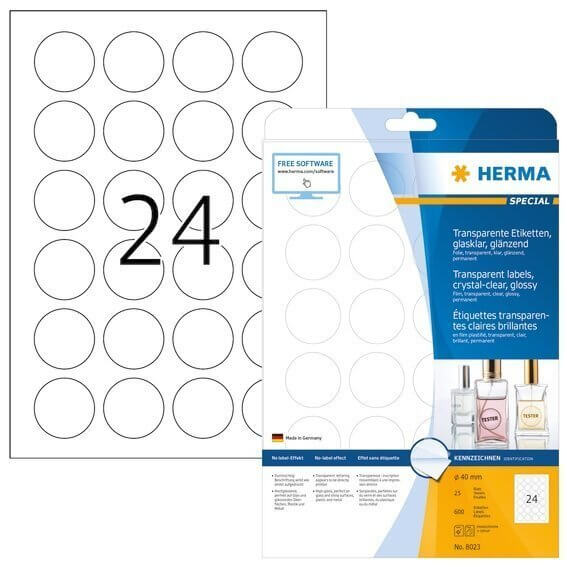 HERMA 8023 Etiketten transparent glasklar A4 Ø 40 mm rund transparent klar Folie glänzend 600 Stück