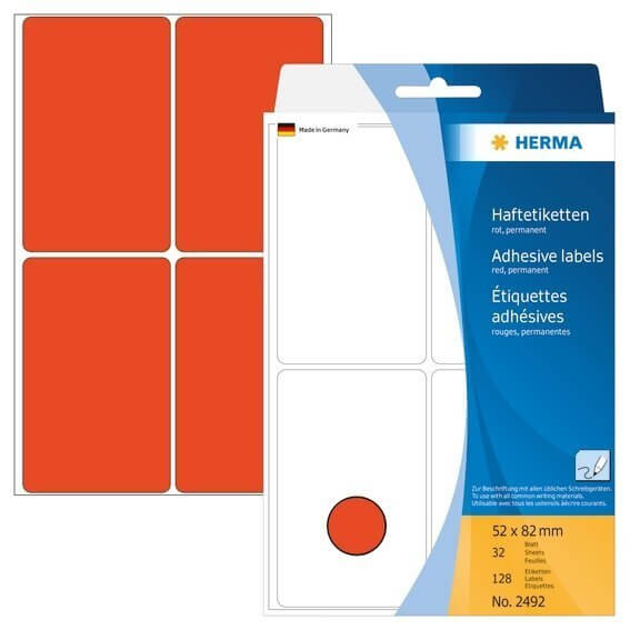 HERMA 2492 Vielzwecketiketten 52 x 82 mm Papier matt Handbeschriftung 128 Stück Rot