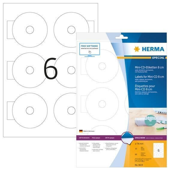 HERMA 8619 CD-Etiketten Mini A4 Ø 78 mm weiß Papier matt blickdicht 60 Stück