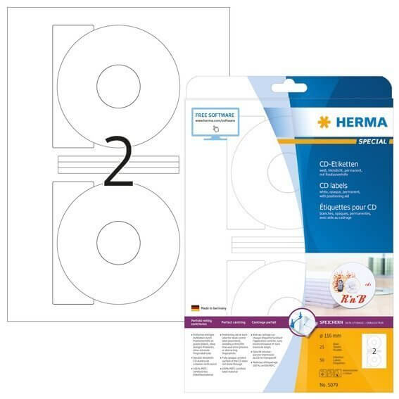 HERMA 5079 CD-Etiketten A4 Ø 116 mm weiß Papier matt blickdicht 50 Stück
