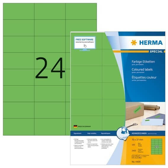 HERMA 4409 Farbige Etiketten A4 70x37 mm grün Papier matt 2400 Stück