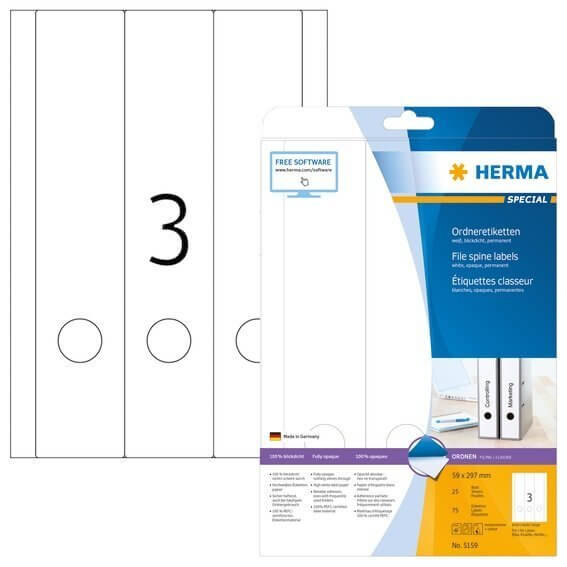HERMA 5159 Ordneretiketten A4 59x297 mm weiß Papier matt blickdicht 75 Stück