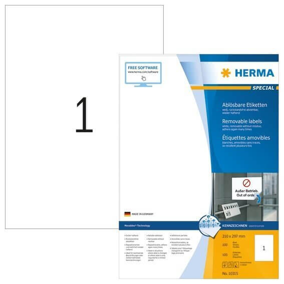 HERMA 10315 Ablösbare Etiketten A4 210x297 mm weiß Movables/ablösbar Papier matt 100 Stück