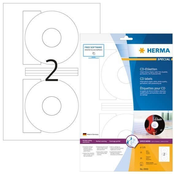HERMA 8900 Inkjet CD-Etiketten A4 Ø 116 mm weiß Papier glänzend 20 Stück