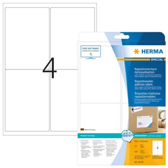 HERMA 10019 Repositionierbare Adressetiketten A4 991x139 mm weiß Movables Papier matt blickdicht 100