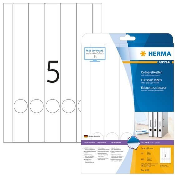 HERMA 5158 Ordneretiketten A4 34x297 mm weiß Papier matt blickdicht 125 Stück