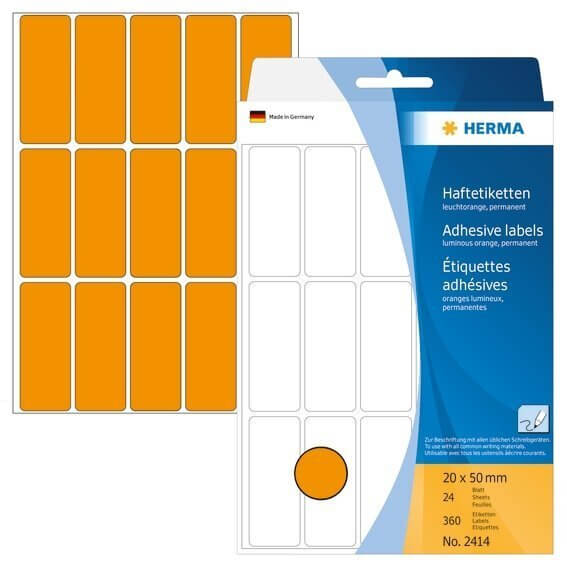 HERMA 2414 Vielzwecketiketten 20 x 50 mm Papier matt Handbeschriftung 360 Stück Leuchtorange