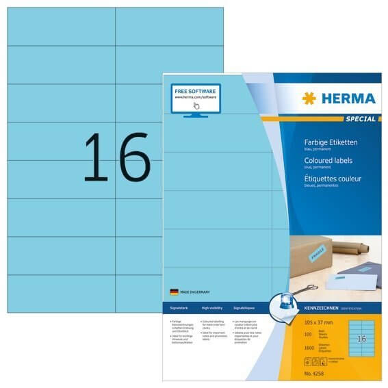 HERMA 4258 Farbige Etiketten A4 105x37 mm blau Papier matt 1600 Stück