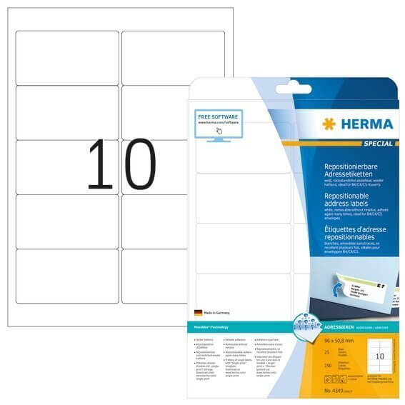 HERMA 4349 Repositionierbare Adressetiketten A4 96x508 mm weiß Movables Papier matt 250 Stück