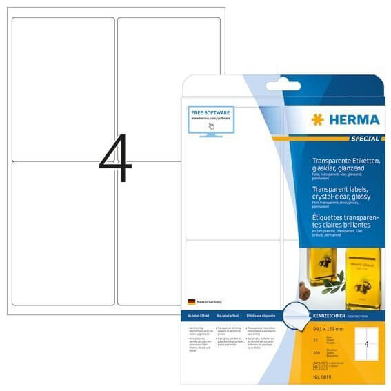 HERMA 8019 Etiketten transparent glasklar A4 991x139 mm transparent klar Folie glänzend 100 Stück