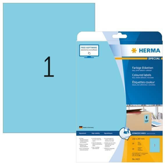 HERMA 4423 Farbige Etiketten A4 210x297 mm blau ablösbar Papier matt 20 Stück