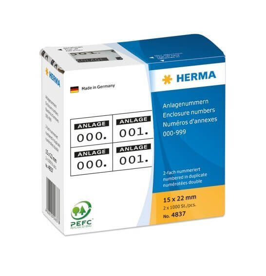 HERMA 4837 Anlagenummern selbstklebend 2-fach 15x22 mm Aufdruck schwarz 0-999