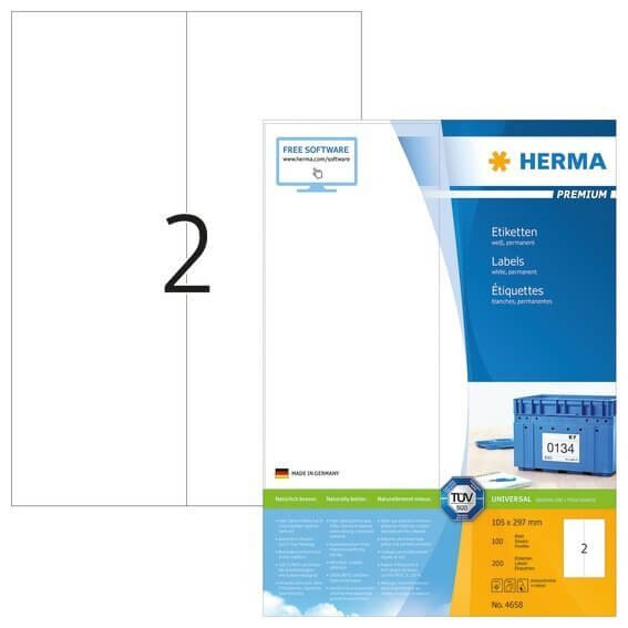 HERMA 4658 Etiketten Premium A4 105x297 mm weiß Papier matt 200 Stück