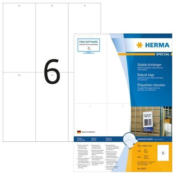 HERMA 8047 Stabile Anhänger A4 70x1485 mm weiß Papier/Folie/Papier perforiert nicht klebend 600 Stüc