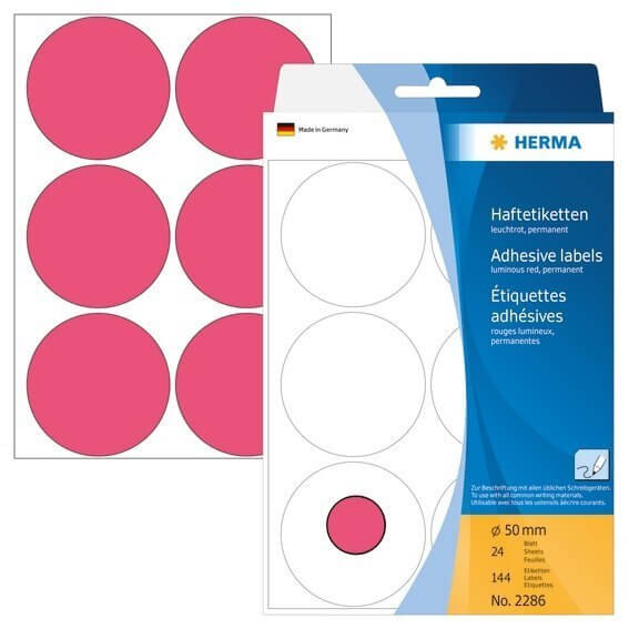 HERMA 2286 Vielzwecketiketten/Farbpunkte Ø 50 mm rund Papier matt Handbeschriftung 144 Stück Leuchtr