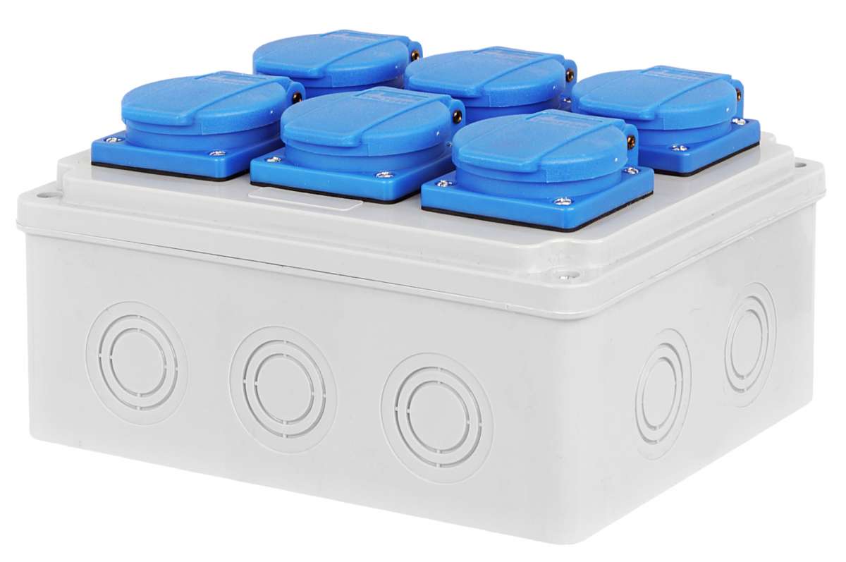 Stroomverdeler in-32A > out- 6x schuko 16A met aardlek