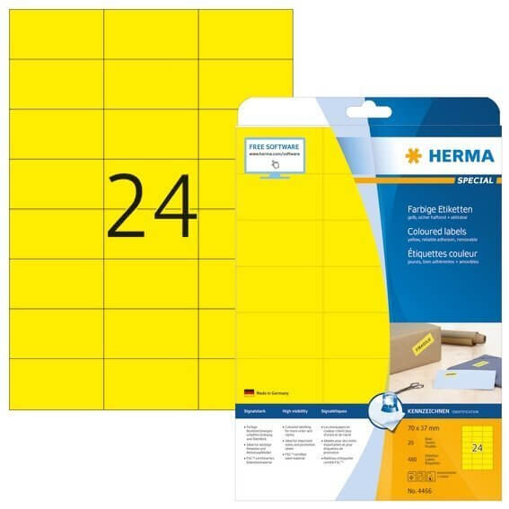 HERMA 4466 Farbige Etiketten A4 70x37 mm gelb ablösbar Papier matt 480 Stück